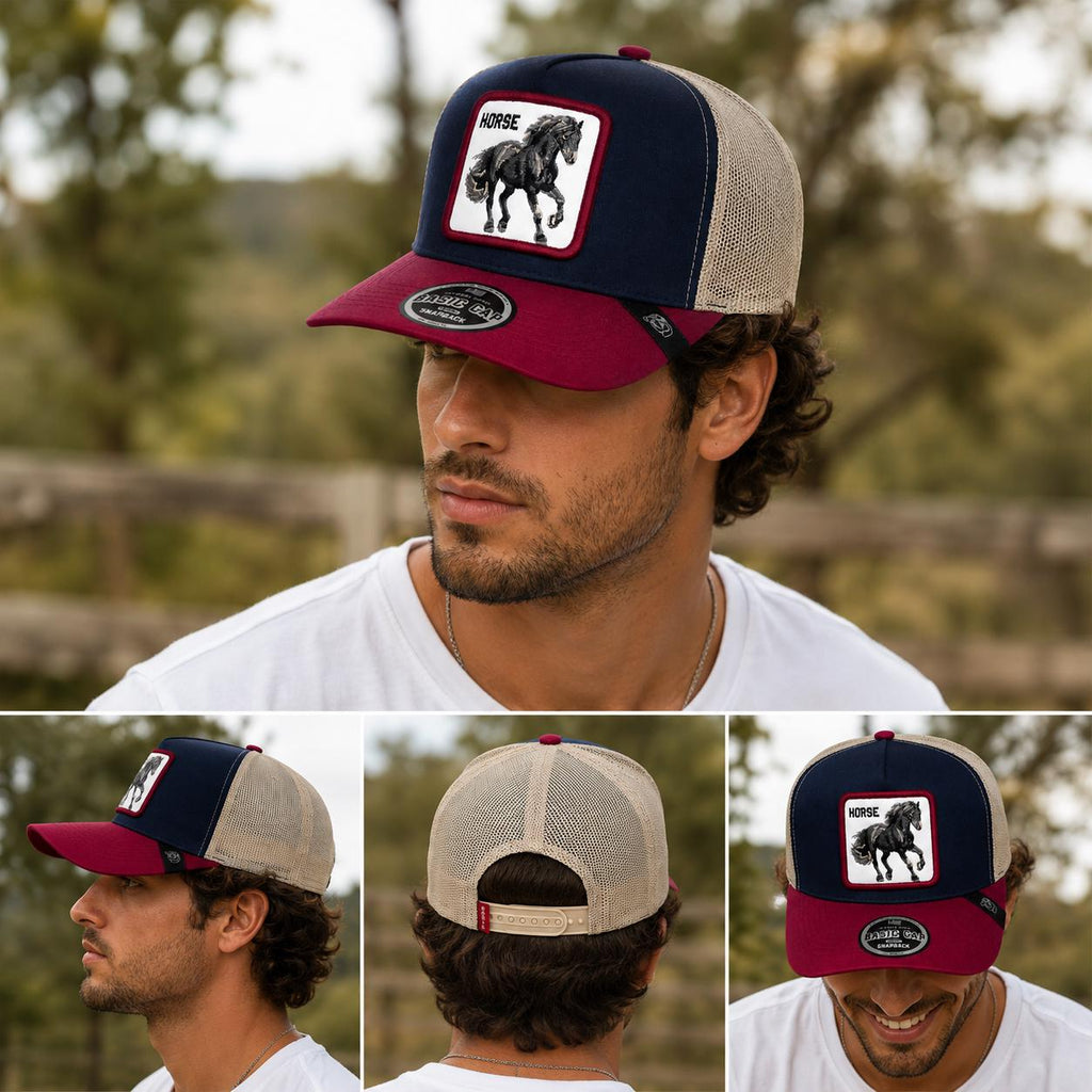 Horse Embroidered Trucker Snapback Hat | Navy & Burgundy Mesh Baseball Cap | Adjustable Western Animal Patch Cap | Unisex Casual Outdoor Hat