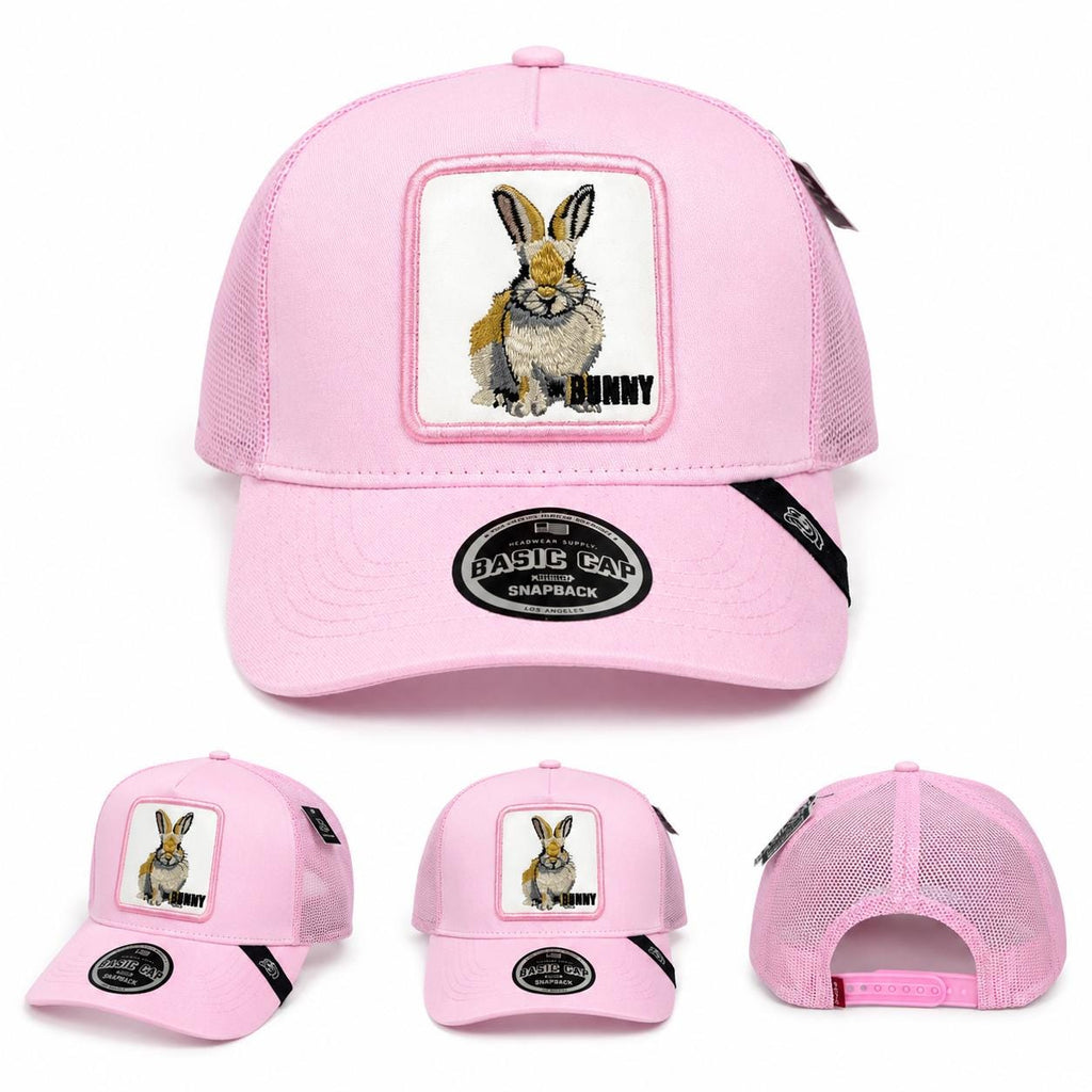Pink Bunny Trucker Hat | Embroidered Rabbit Patch Snapback Cap | Adjustable Mesh Baseball Cap | Cute Casual Hat