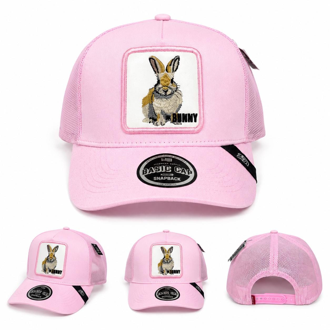 Pink Bunny Trucker Hat | Embroidered Rabbit Patch Snapback Cap | Adjustable Mesh Baseball Cap | Cute Casual Hat