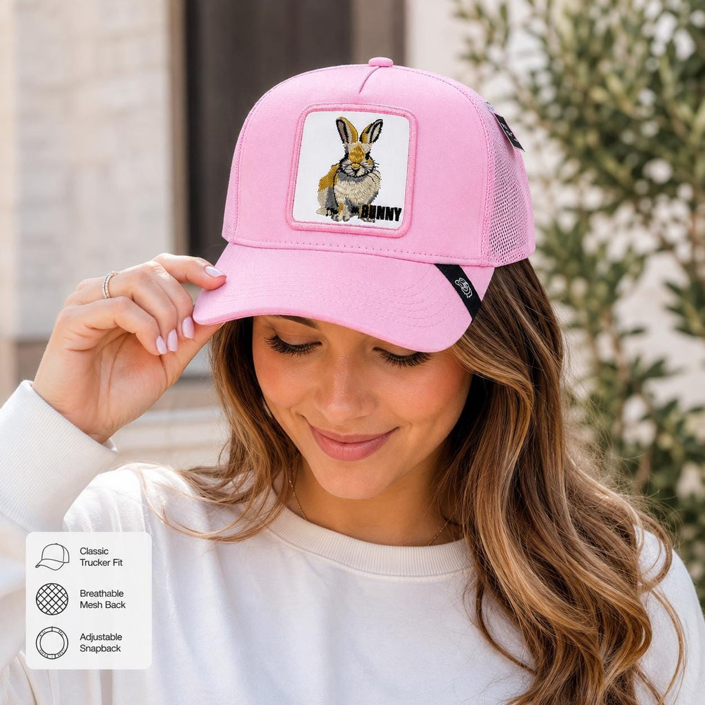 Pink Bunny Trucker Hat | Embroidered Rabbit Patch Snapback Cap | Adjustable Mesh Baseball Cap | Cute Casual Hat