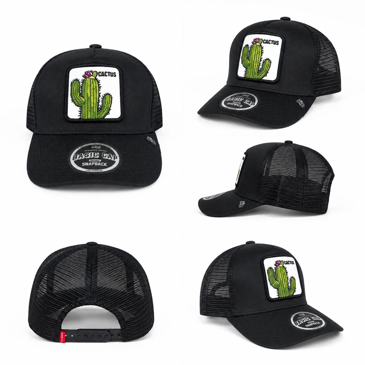 Cactus Patch Trucker Hat | Black Mesh Snapback Cap | Embroidered Desert Cactus Baseball Hat | Adjustable Unisex Outdoor Streetwear Cap