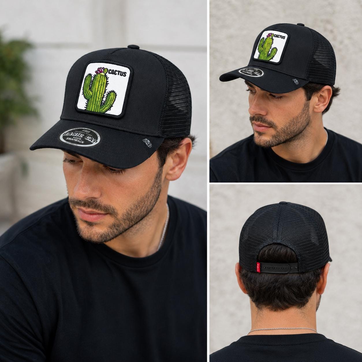 Cactus Patch Trucker Hat | Black Mesh Snapback Cap | Embroidered Desert Cactus Baseball Hat | Adjustable Unisex Outdoor Streetwear Cap
