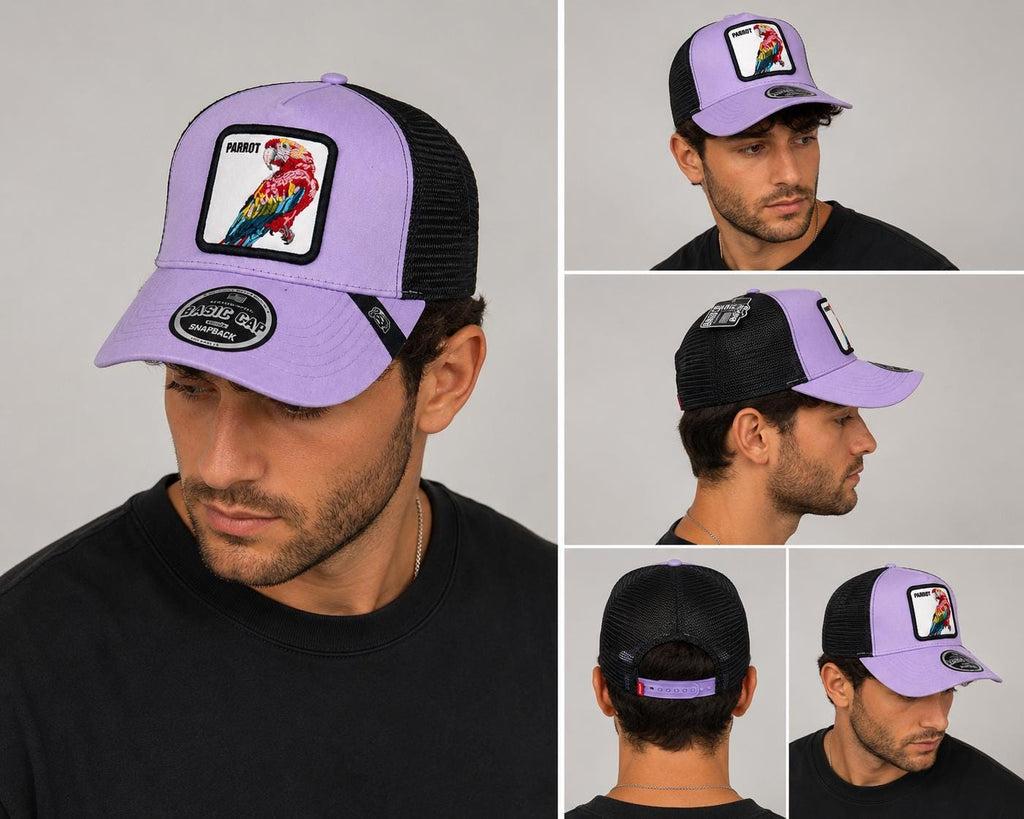 Lavender Parrot Trucker Hat | Embroidered Bird Patch Snapback Cap | Black Mesh Adjustable Baseball Cap | Unisex Streetwear