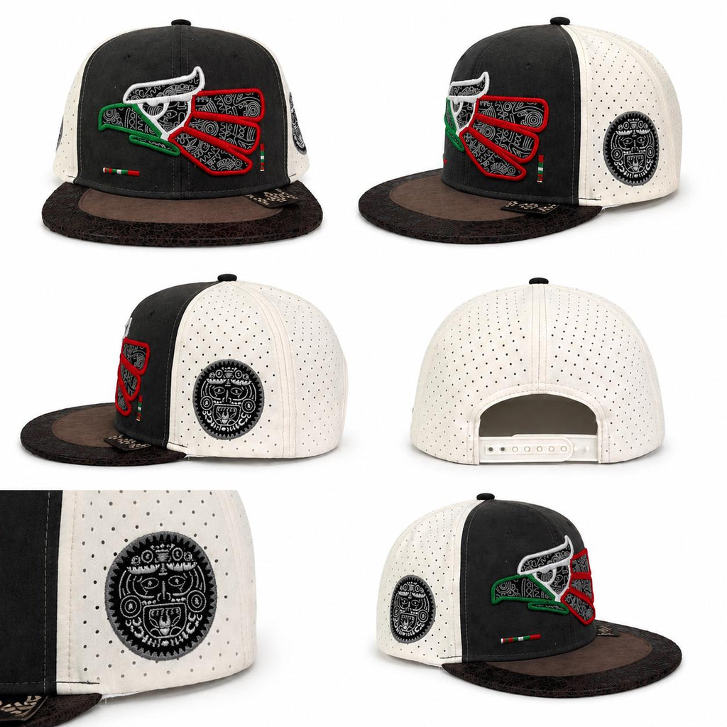 Mexican Heritage Embroidered Flat Bill Snapback Hat | Premium Suede Performance Cap | Aztec Side Patch