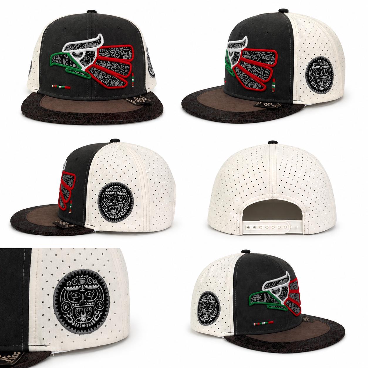 Mexican Heritage Embroidered Flat Bill Snapback Hat | Premium Suede Performance Cap | Aztec Side Patch