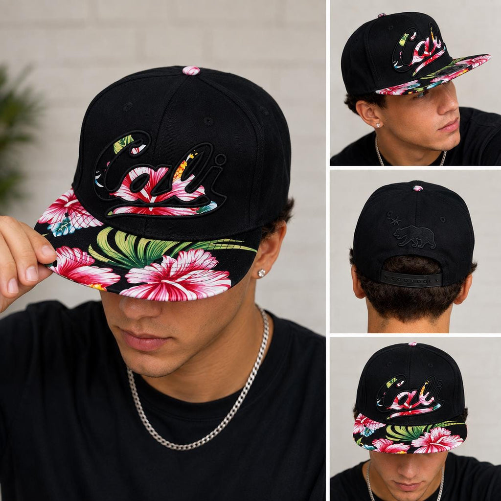 California Floral Snapback Hat | Premium Flat Bill Embroidered Cali Cap | Adjustable California Bear Baseball Cap