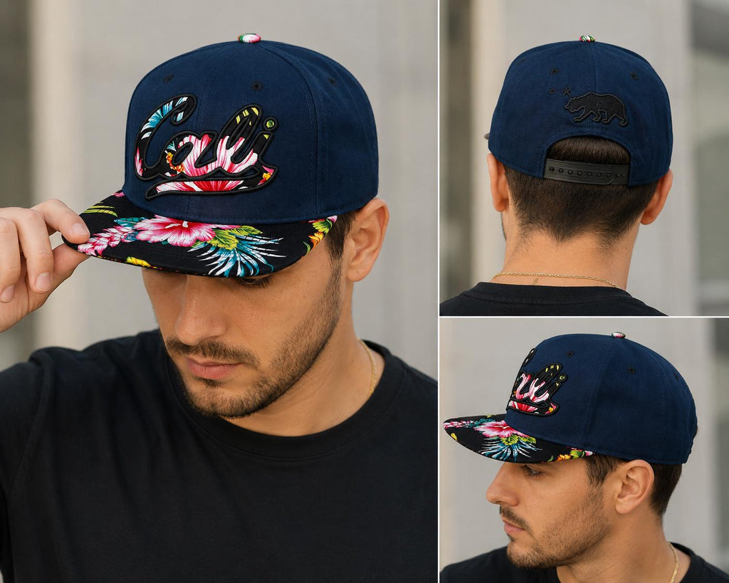 California Floral Snapback Hat | Premium Flat Bill Embroidered Cali Cap | Adjustable California Bear Baseball Cap