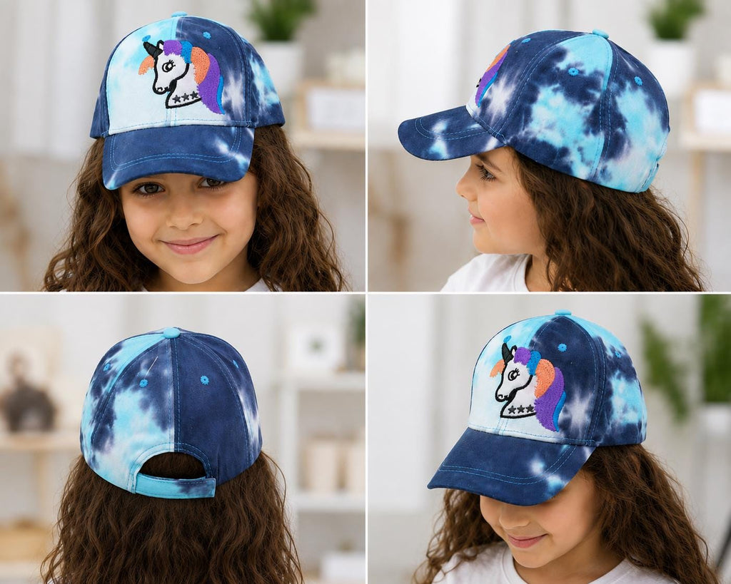 Kids Tie-Dye Unicorn Baseball Cap | Embroidered Adjustable Cotton Hat | Blue & Aqua Youth Snapback