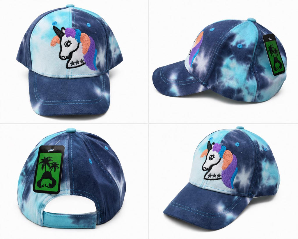 Kids Tie-Dye Unicorn Baseball Cap | Embroidered Adjustable Cotton Hat | Blue & Aqua Youth Snapback