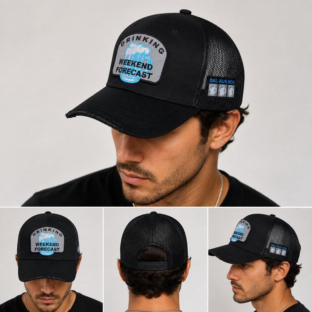 Drinking Weekend Forecast Trucker Hat | Funny Beer Patch Snapback Cap | Black Mesh Baseball Hat | Adjustable Casual Cap for Men & Women