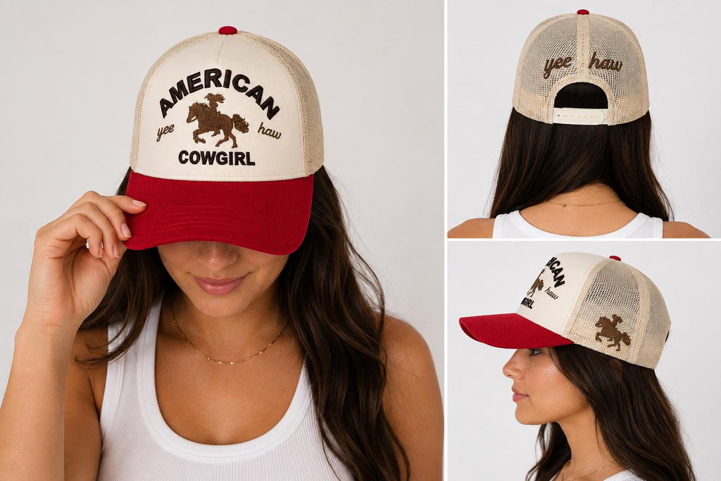 American Cowgirl Trucker Hat | Embroidered Western Mesh Snapback | Yee Haw Rodeo Cap