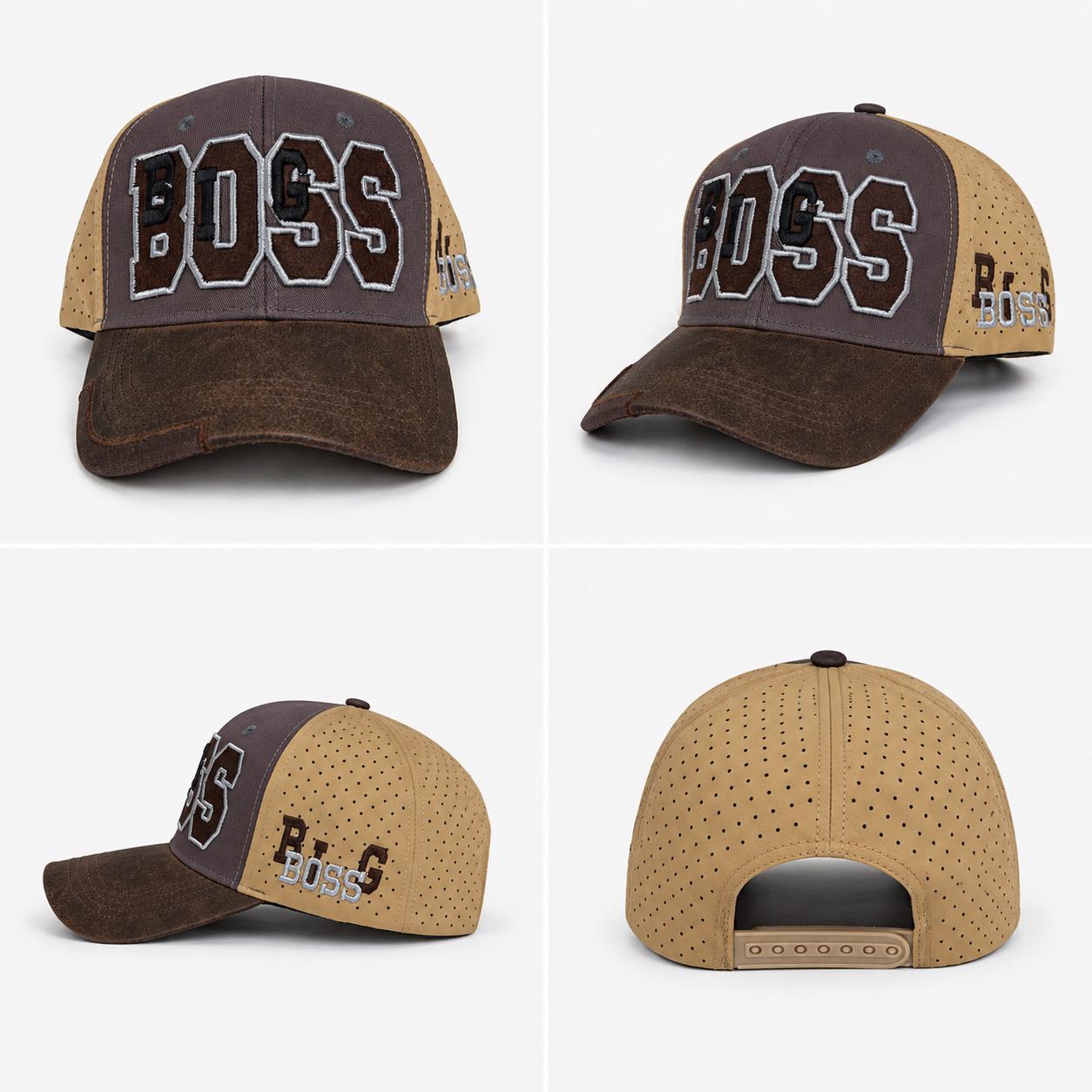 Vintage BOSS Embroidered Trucker Hat | Brown & Tan Snapback Cap | Perforated Breathable Baseball Hat