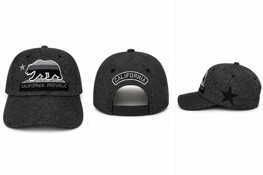 California Republic Embroidered Snapback Hat | Charcoal Heather Baseball Cap | Bear Patch Adjustable Cap