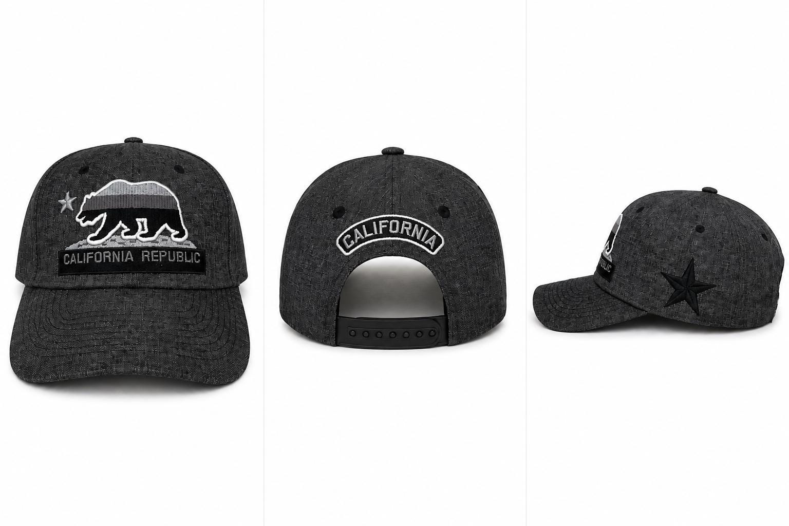 California Republic Embroidered Snapback Hat | Charcoal Heather Baseball Cap | Bear Patch Adjustable Cap