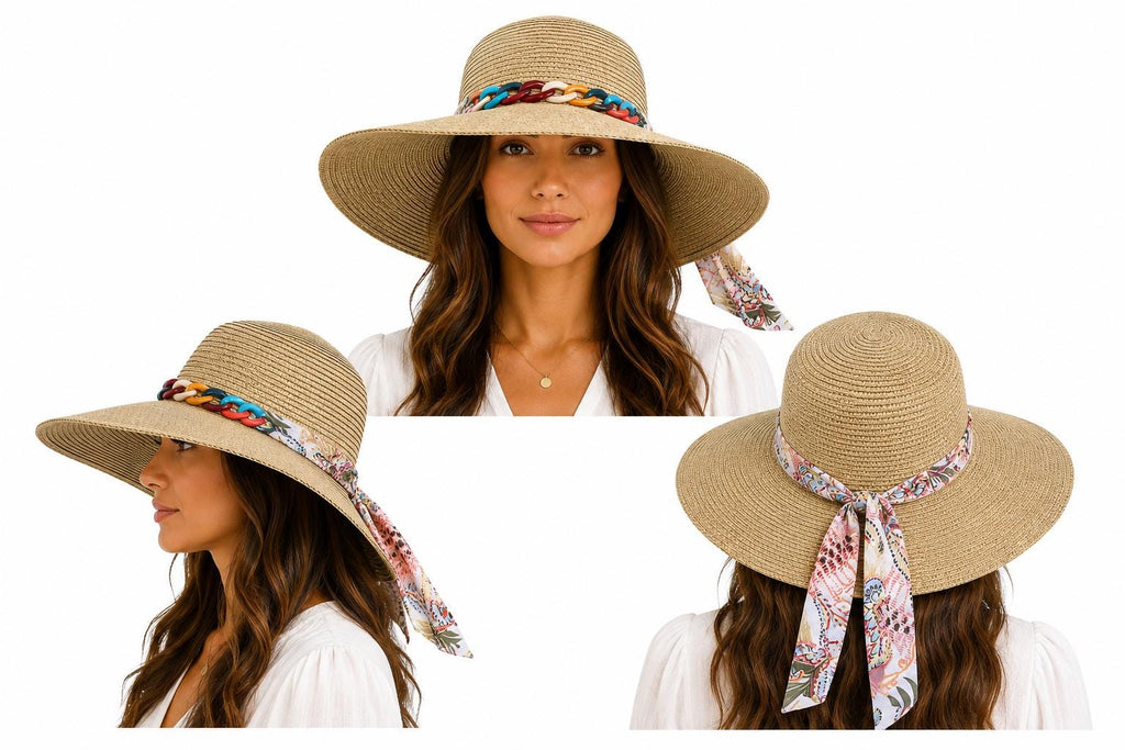 Women's Wide Brim Straw Sun Hat with Colorful Chain Band & Floral Scarf Tie | UV Summer Beach Hat
