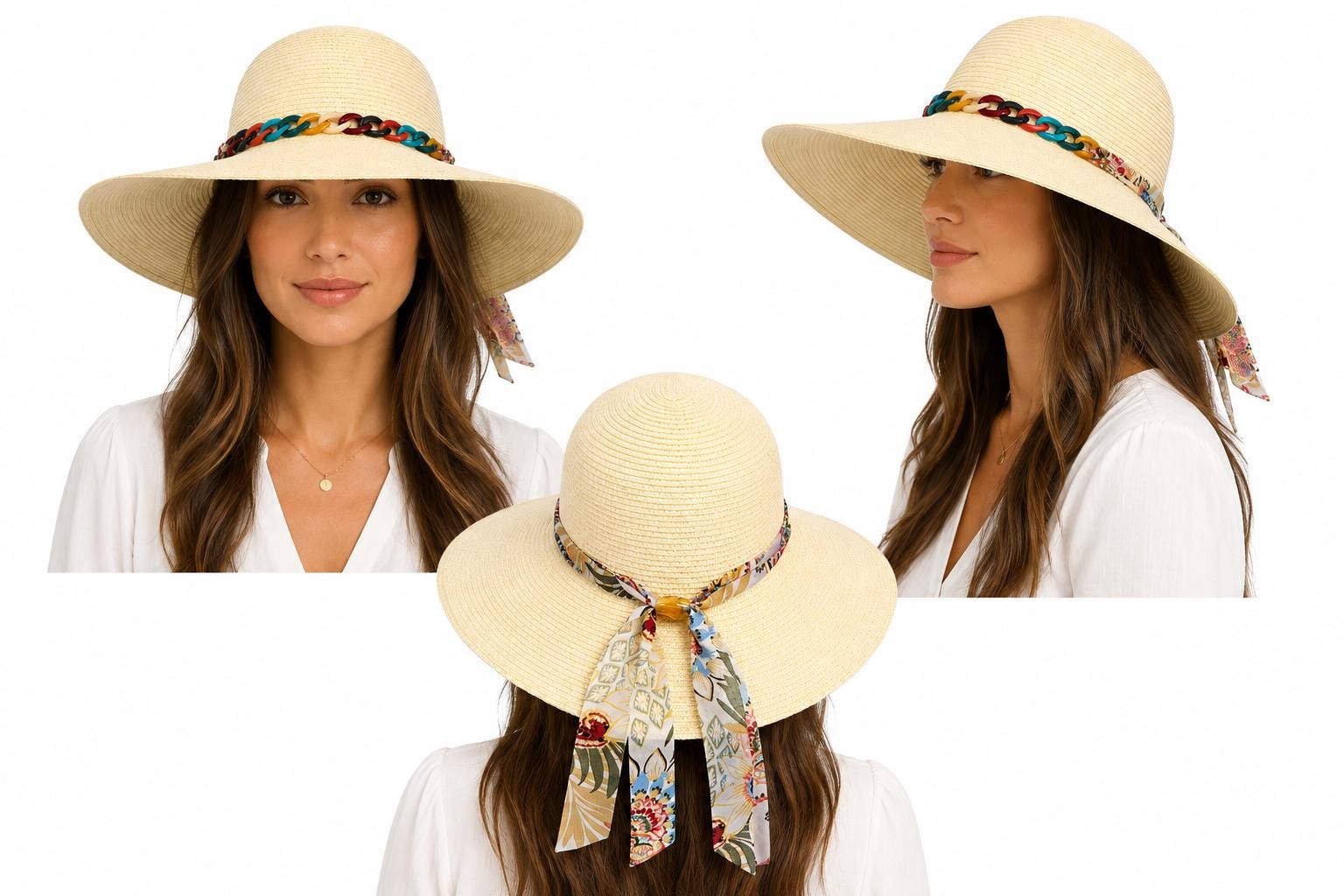Women's Wide Brim Straw Sun Hat with Colorful Chain Band & Floral Scarf Tie | UV Summer Beach Hat