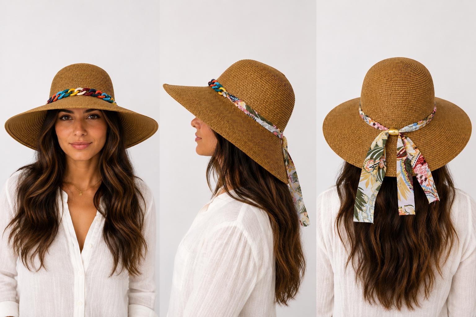 Women's Wide Brim Straw Sun Hat with Colorful Chain Band & Floral Scarf Tie | UV Summer Beach Hat