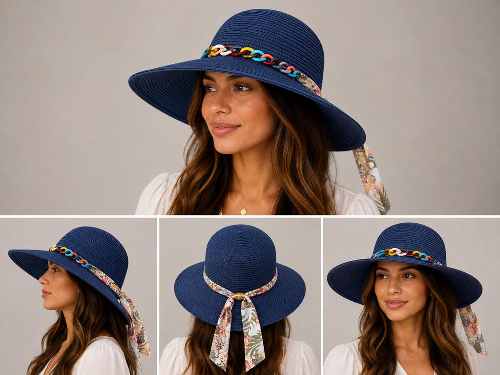 Women's Wide Brim Straw Sun Hat with Colorful Chain Band & Floral Scarf Tie | UV Summer Beach Hat