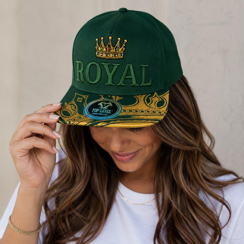 Royal Crown Snapback Hat – Dark Green Flat Brim Cap with Gold Crown Embroidery & Luxury Gold Pattern Visor | Adjustable Snapback