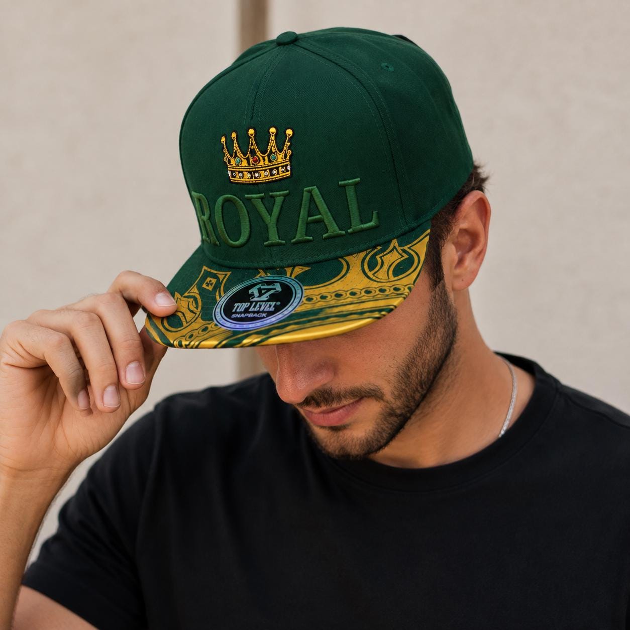 Royal Crown Snapback Hat – Dark Green Flat Brim Cap with Gold Crown Embroidery & Luxury Gold Pattern Visor | Adjustable Snapback