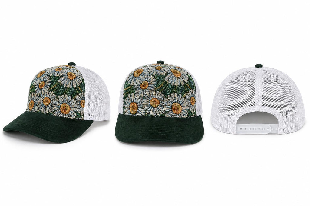 Vintage Tapestry Trucker Hat | Suede Brim Mesh Snapback Cap | Floral & Paisley Woven Baseball Hat | Unisex