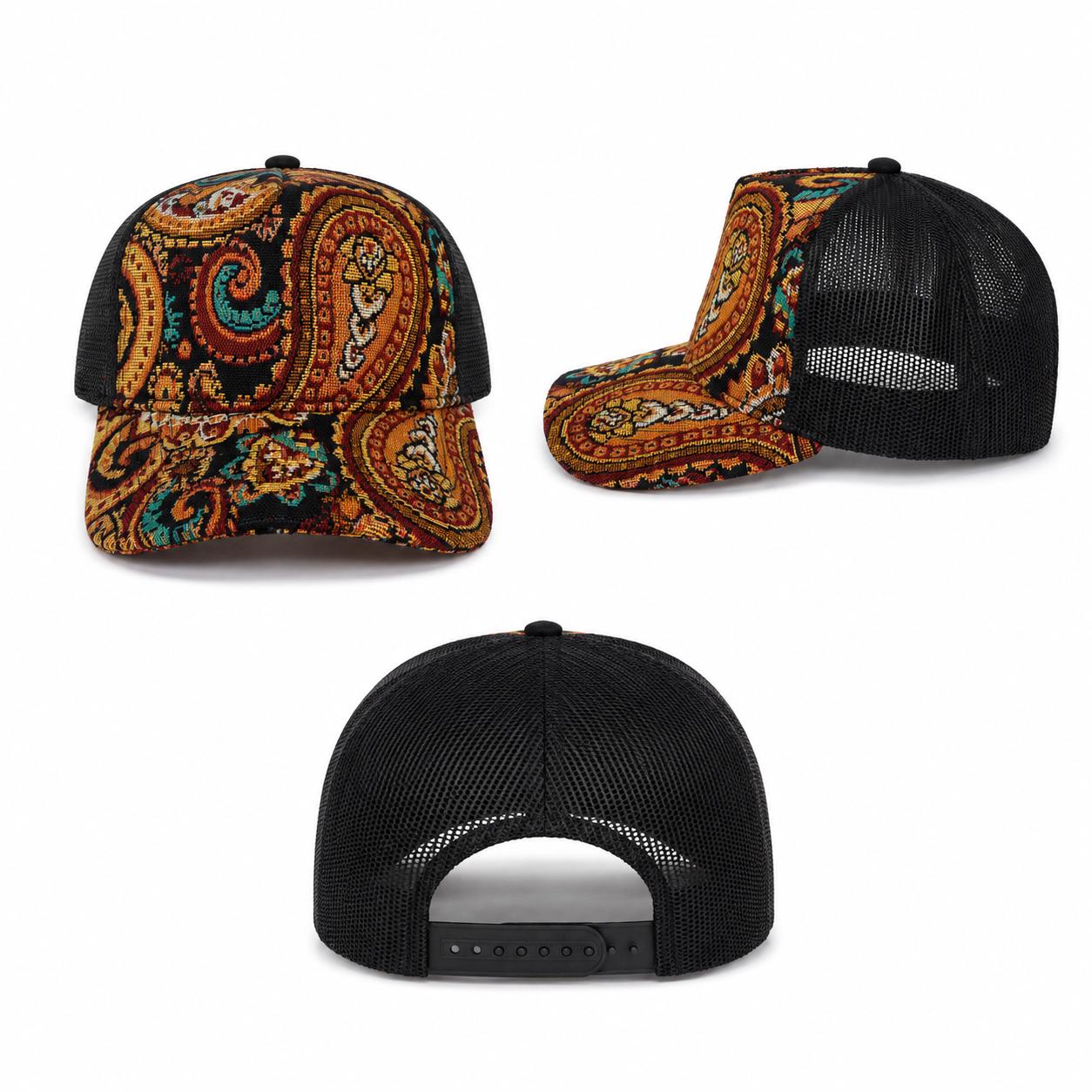 Vintage Tapestry Trucker Hat | Suede Brim Mesh Snapback Cap | Floral & Paisley Woven Baseball Hat | Unisex