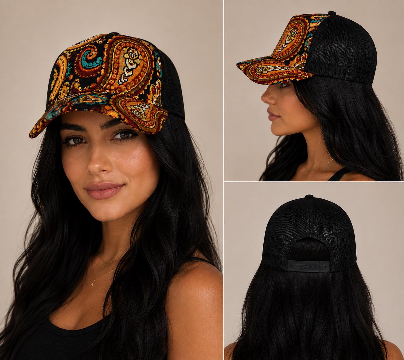 Vintage Tapestry Trucker Hat | Suede Brim Mesh Snapback Cap | Floral & Paisley Woven Baseball Hat | Unisex