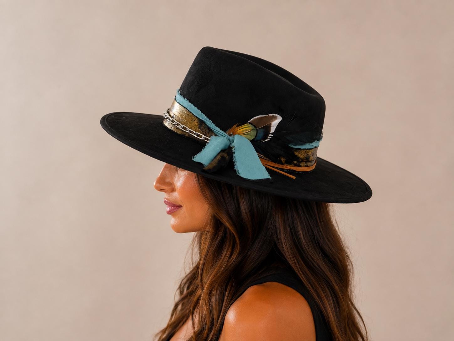 Black Wide Brim Fedora Hat with Teal Ribbon, Feather & Chain Band - Handmade Western Boho Hat