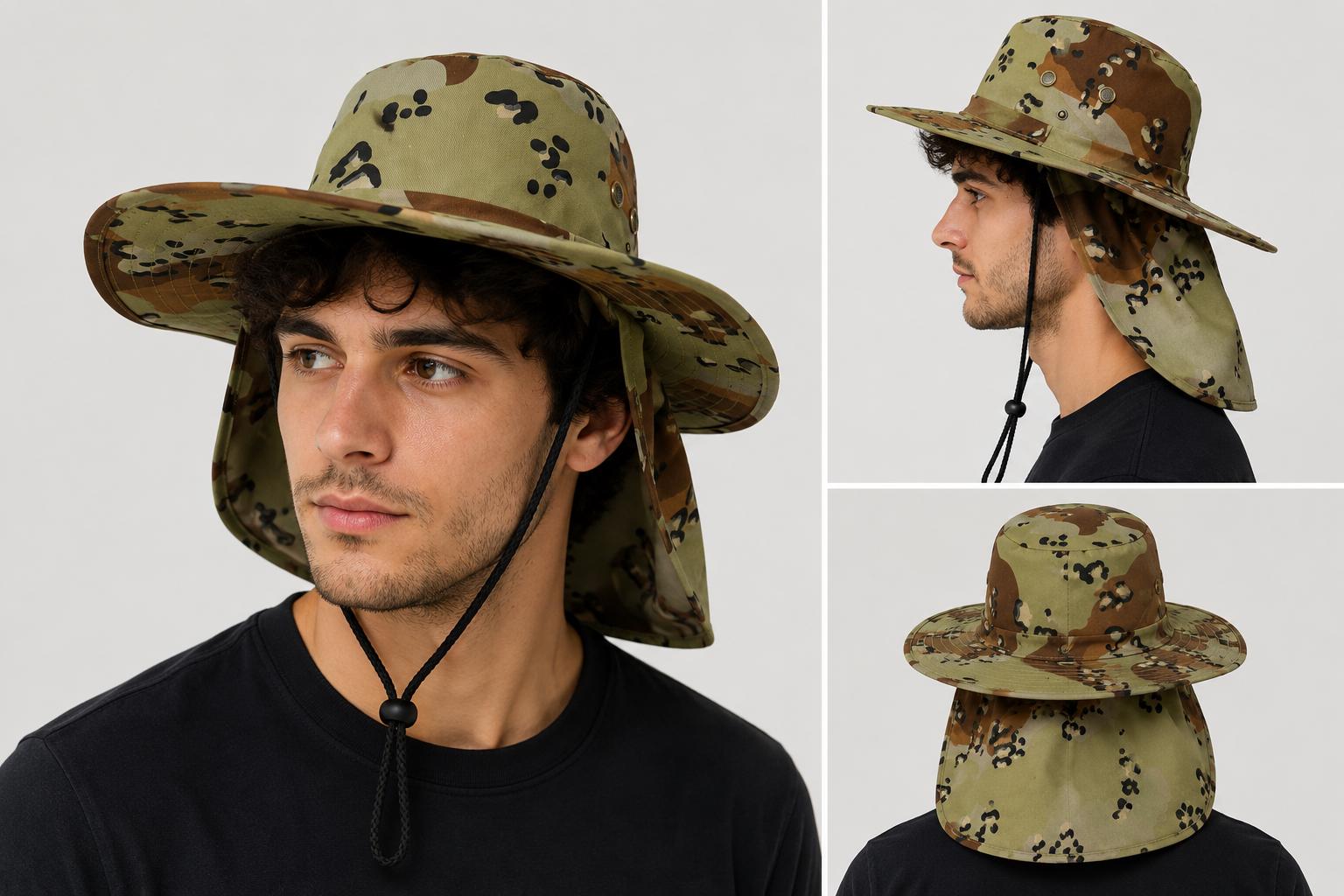 Wide Brim Sun Hat with Neck Flap | UPF Outdoor Fishing, Hiking & Boonie Hat | Adjustable Chin Strap