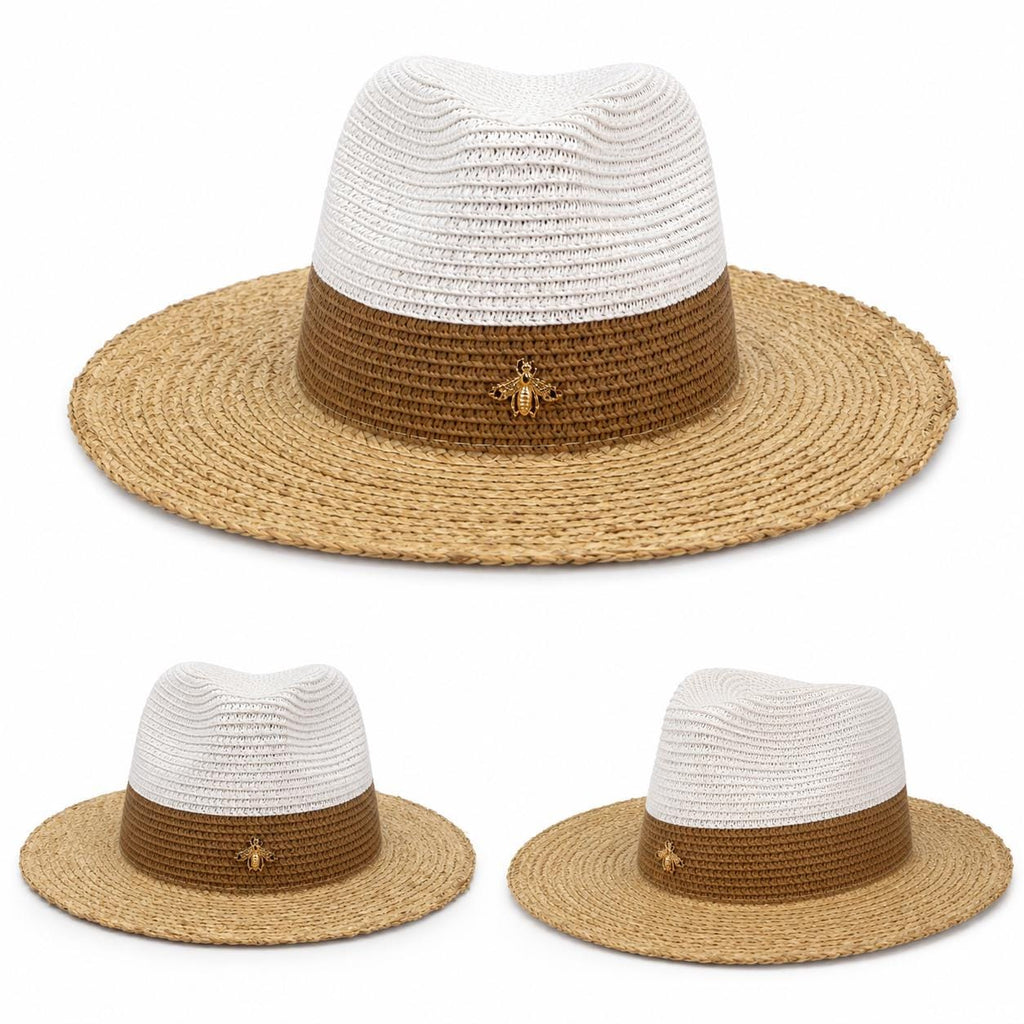 Women's Two-Tone Straw Fedora Sun Hat with Gold Bee Charm | Wide Brim Summer Beach Hat