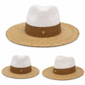 Women's Two-Tone Straw Fedora Sun Hat with Gold Bee Charm | Wide Brim Summer Beach Hat