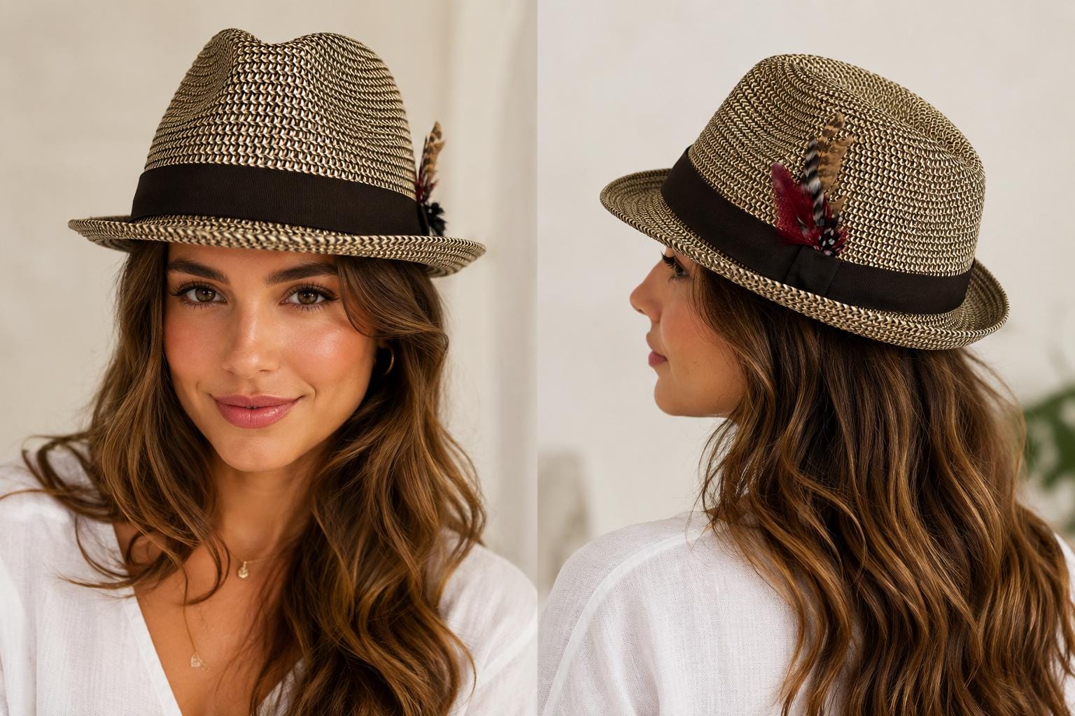 Unisex Woven Straw Fedora Hat with Feather Accent | Lightweight Summer Trilby | Brown Band | Casual Sun Hat
