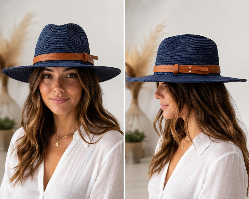 Wide Brim Woven Straw Fedora Hat | Summer Sun Hat with Faux Leather Band | Beach, Travel & Everyday Style