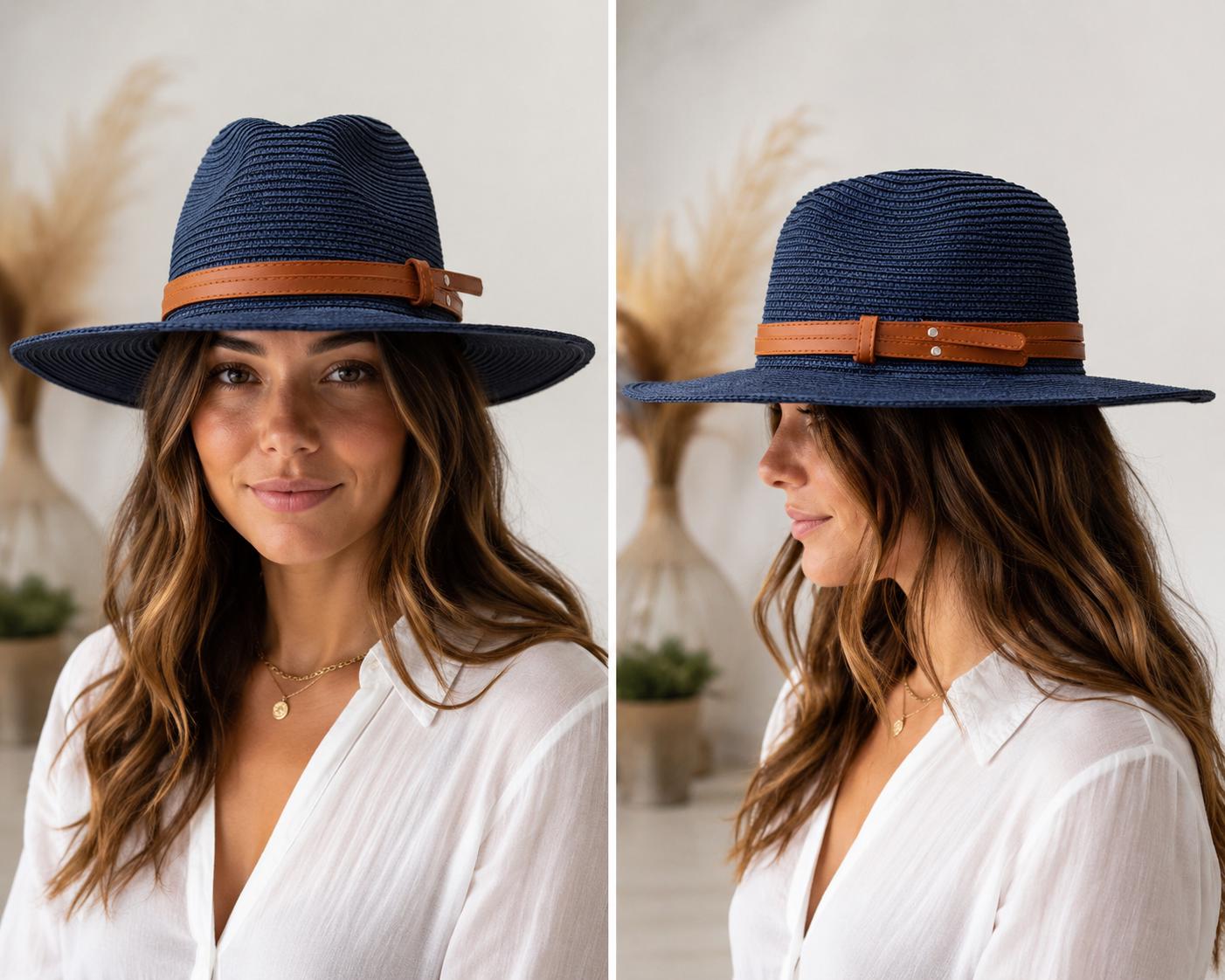 Wide Brim Woven Straw Fedora Hat | Summer Sun Hat with Faux Leather Band | Beach, Travel & Everyday Style
