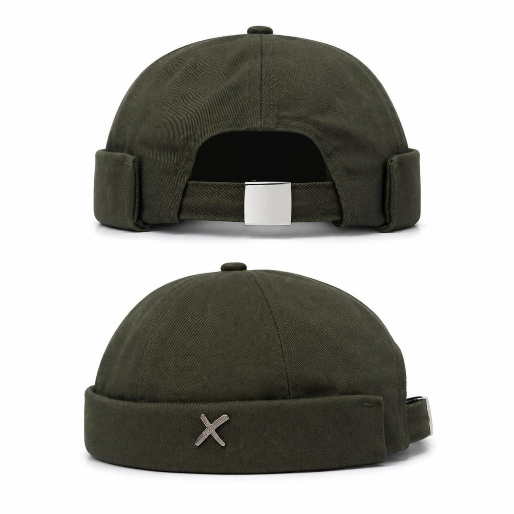 Olive Green Brimless Docker Hat | Adjustable Sailor Cap | Unisex Urban Skull Cap with Metal Accent