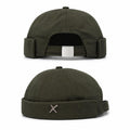 Olive Green Brimless Docker Hat | Adjustable Sailor Cap | Unisex Urban Skull Cap with Metal Accent