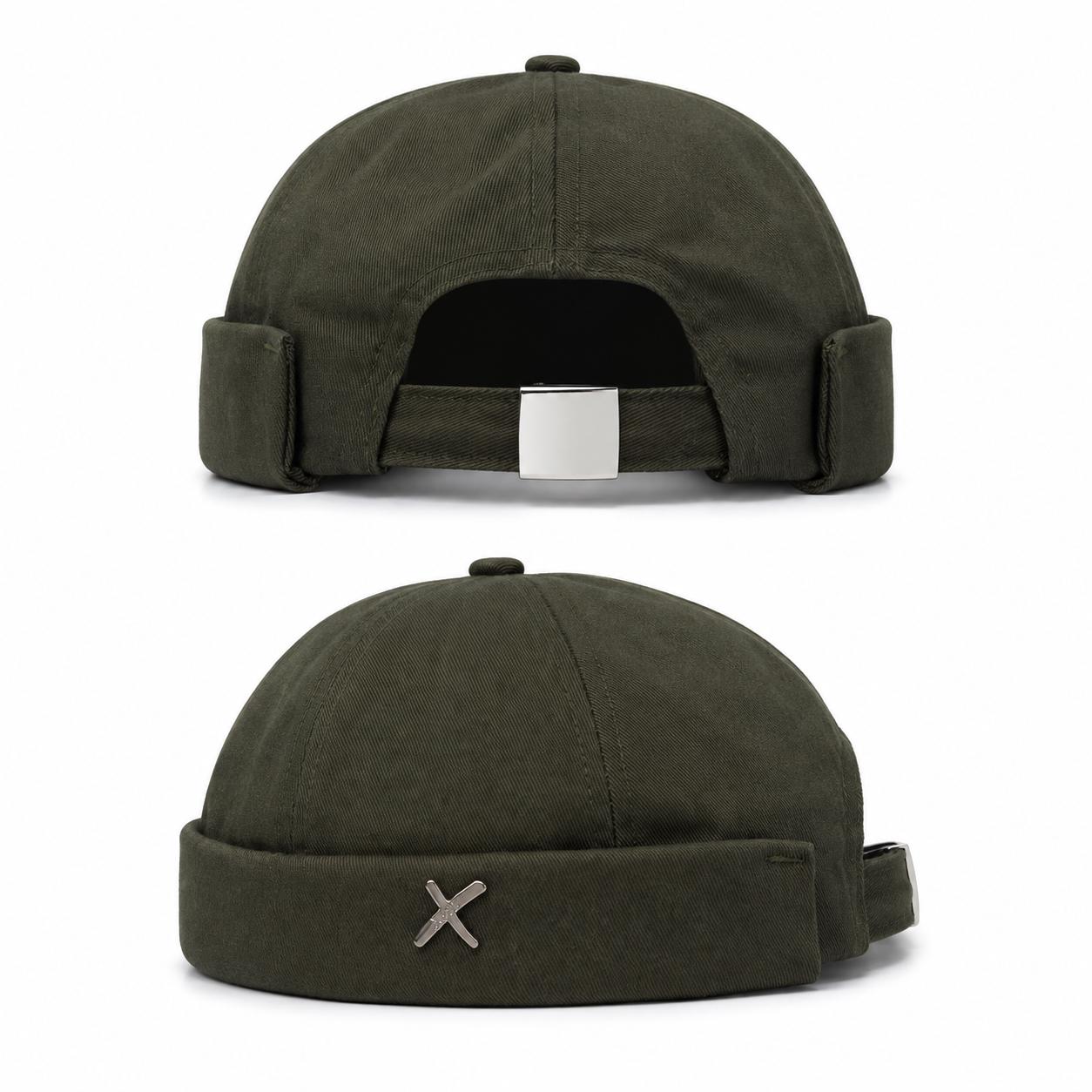 Olive Green Brimless Docker Hat | Adjustable Sailor Cap | Unisex Urban Skull Cap with Metal Accent
