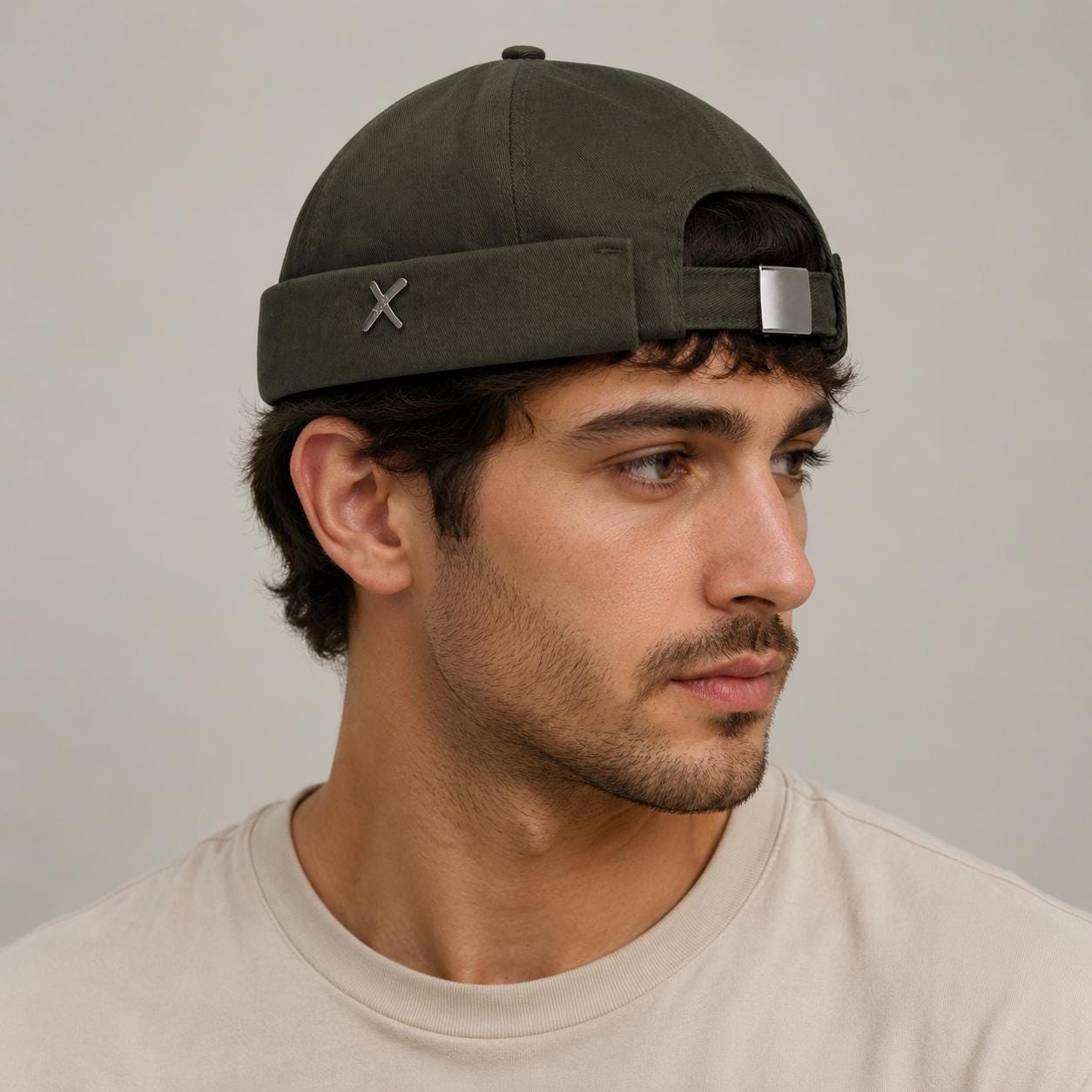 Olive Green Brimless Docker Hat | Adjustable Sailor Cap | Unisex Urban Skull Cap with Metal Accent