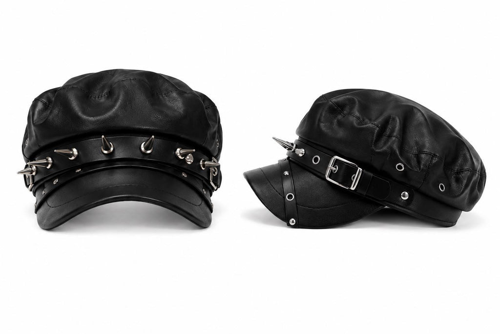 Black Faux Leather Spiked Biker Newsboy Cap | Punk Gothic Buckle Hat | Unisex Fashion Statement Cap