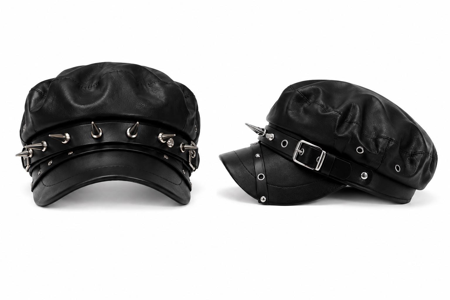 Black Faux Leather Spiked Biker Newsboy Cap | Punk Gothic Buckle Hat | Unisex Fashion Statement Cap
