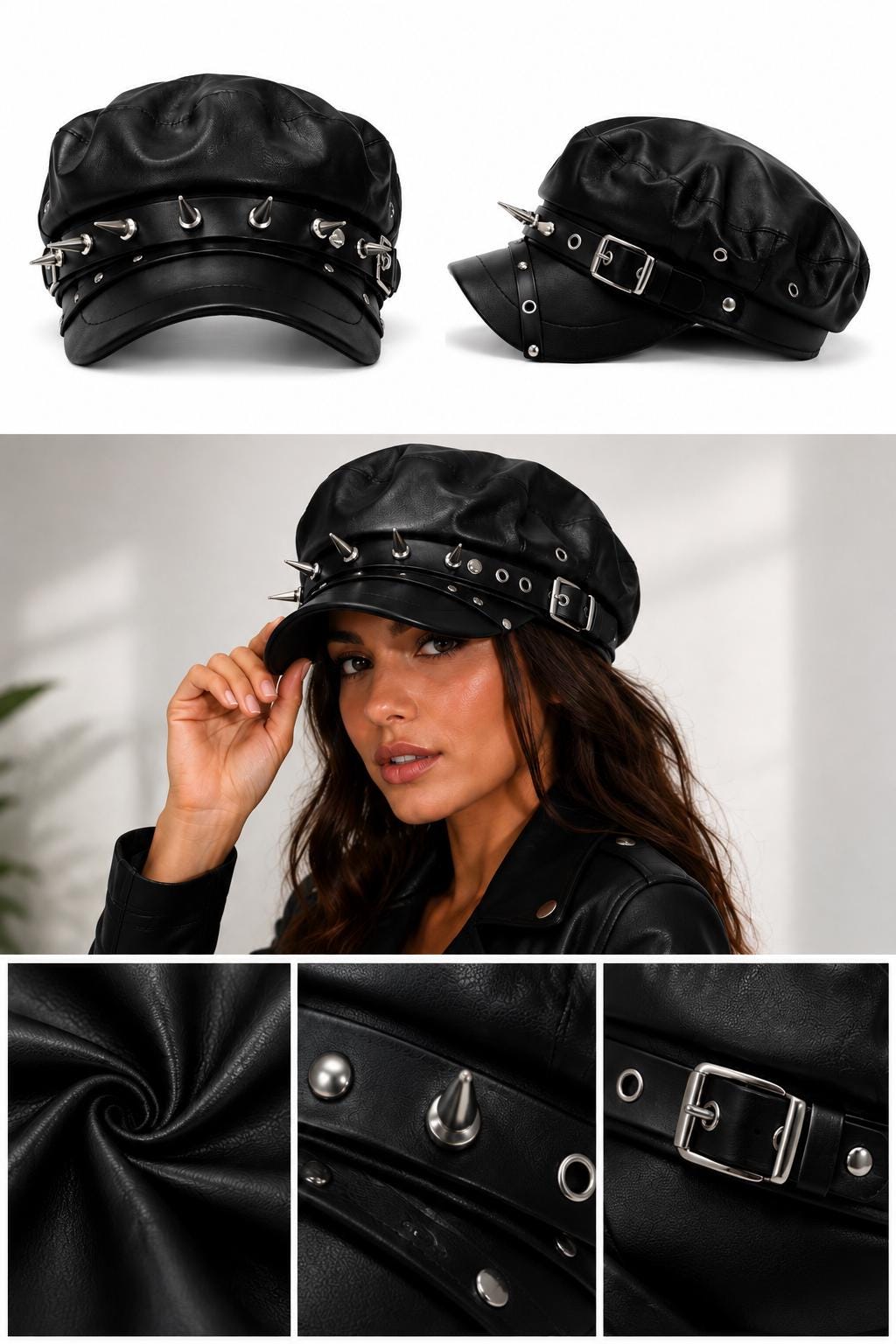 Black Faux Leather Spiked Biker Newsboy Cap | Punk Gothic Buckle Hat | Unisex Fashion Statement Cap