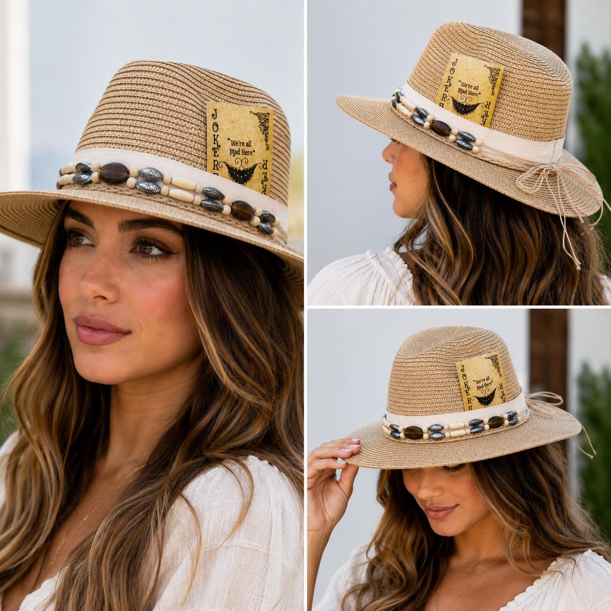 Women's Boho Wide Brim Straw Fedora Hat with Beaded Band & Joker Card Accent – UV Sun Hat