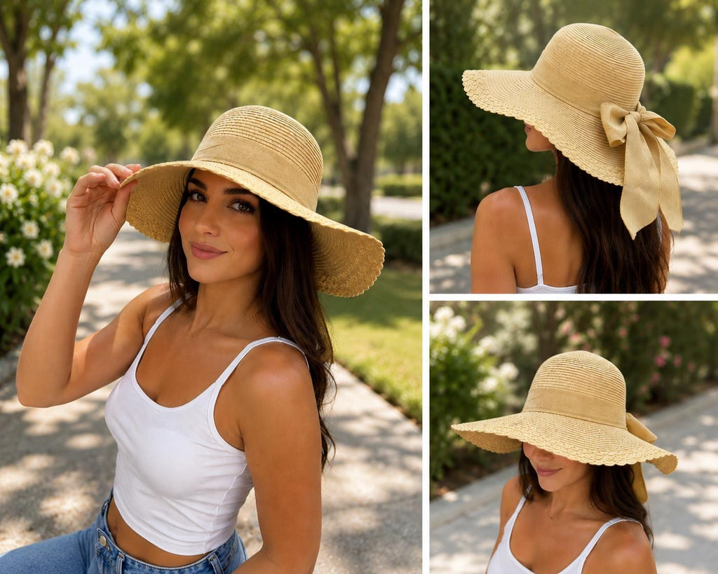 Women's Wide Brim Sun Hat with Bow – UV Protection Summer Beach Hat
