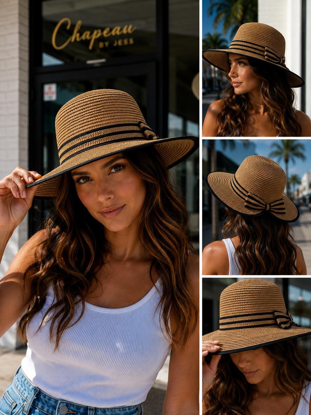 Women's Wide Brim Straw Sun Hat with Back Bow – Foldable UV Protection Beach Hat