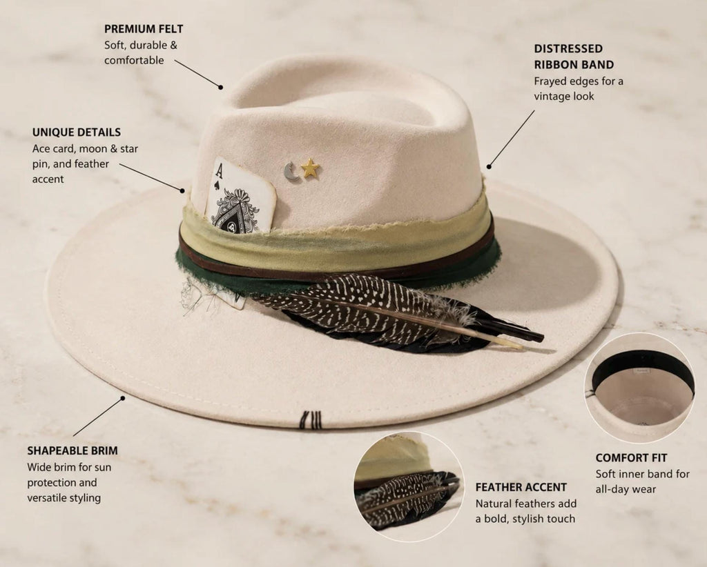 Off white Wide Brim Fedora Hat – Premium Suede Western Boho Hat with Feather, Denim & Chain Band
