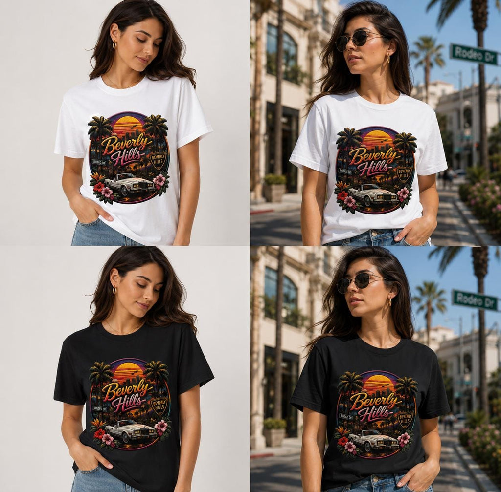 Beverly Hills Sunset Graphic T-Shirt | Vintage California Tourist Tee | Unisex Premium Cotton Shirt