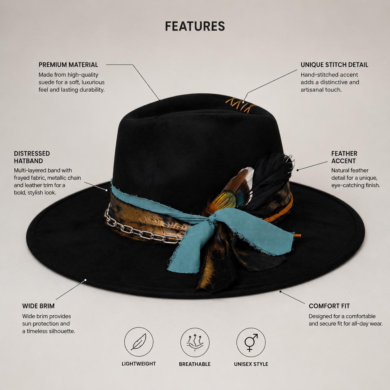 Black Wide Brim Fedora Hat with Teal Ribbon, Feather & Chain Band - Handmade Western Boho Hat