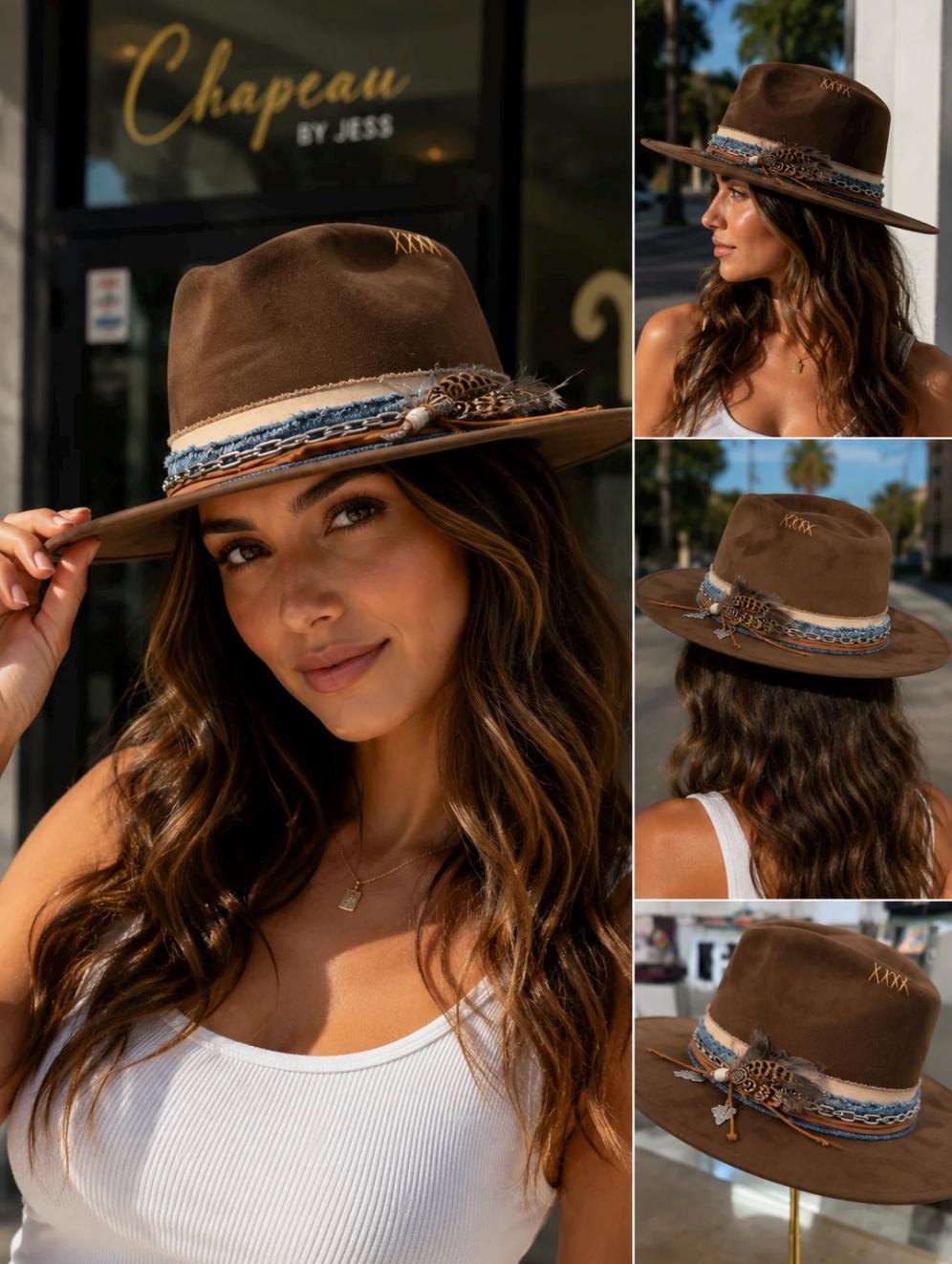 Brown Wide Brim Fedora Hat – Premium Suede Western Boho Hat with Feather, Denim & Chain