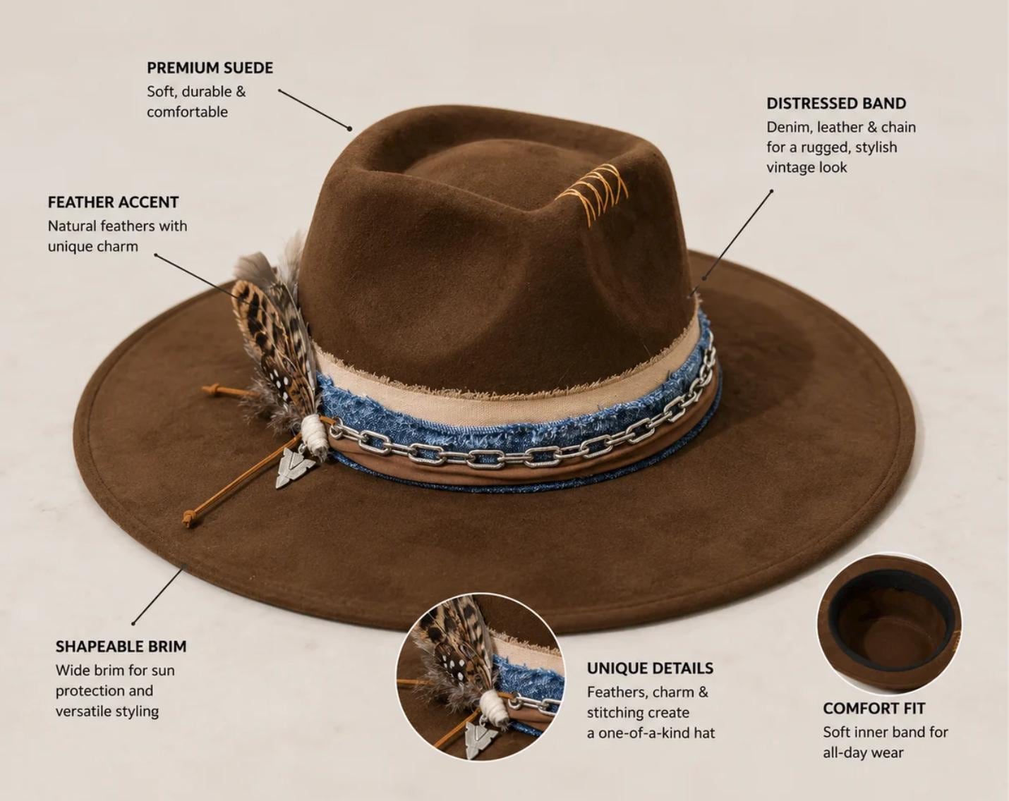 Brown Wide Brim Fedora Hat – Premium Suede Western Boho Hat with Feather, Denim & Chain