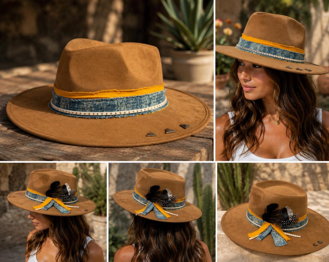 Wide Brim Fedora Hat – Premium Suede Western Boho Hat with Feather, Denim & Chain (Copy)